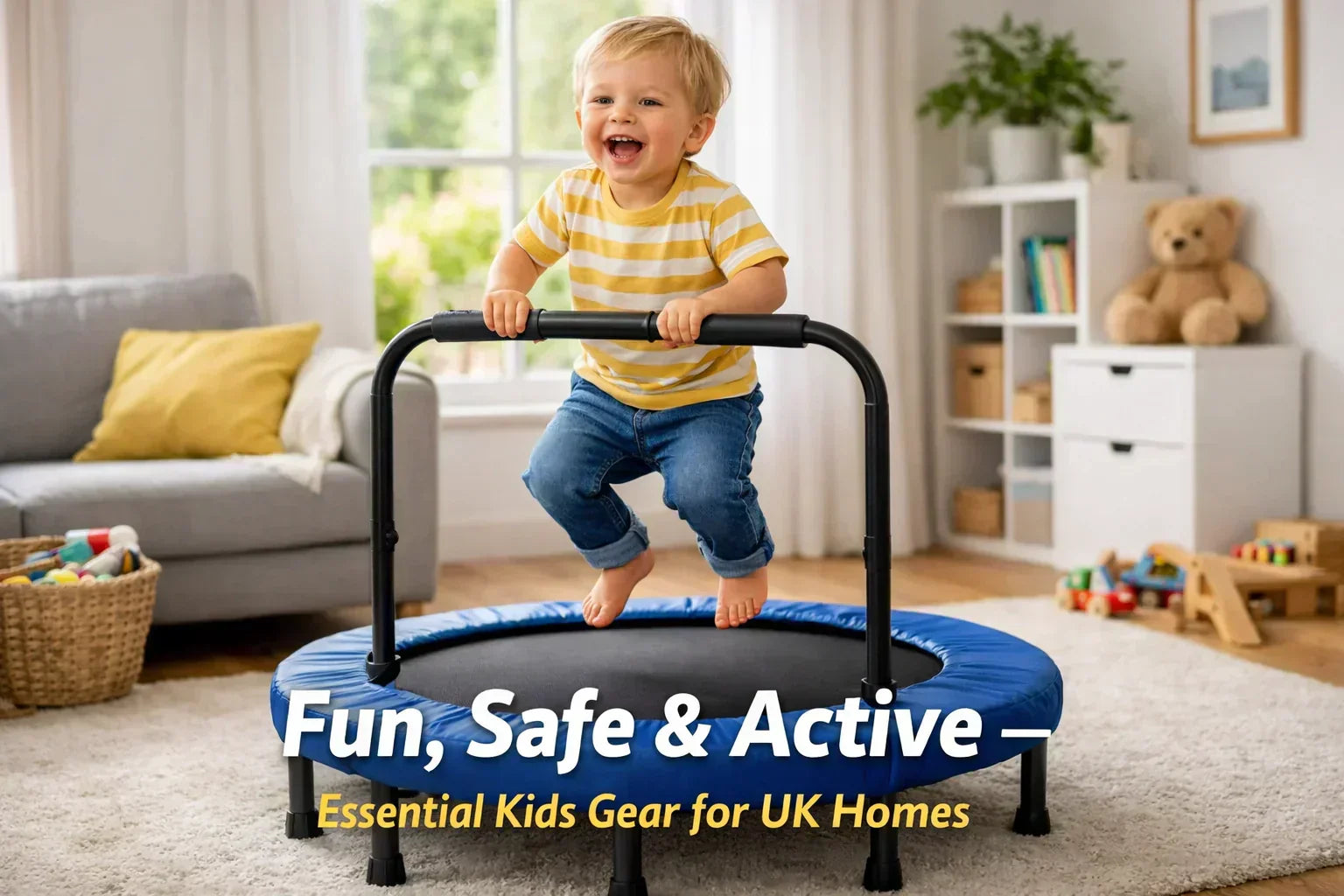 Toddler having fun on mini trampoline in UK home