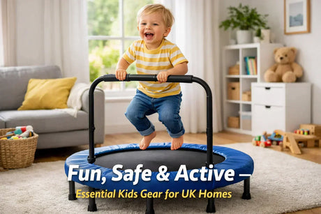 Toddler having fun on mini trampoline in UK home