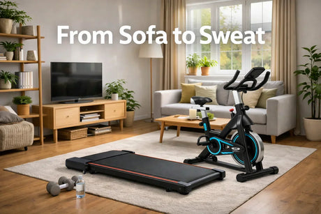 UK living room transformed into a small home gym with walking pad and exercise bike