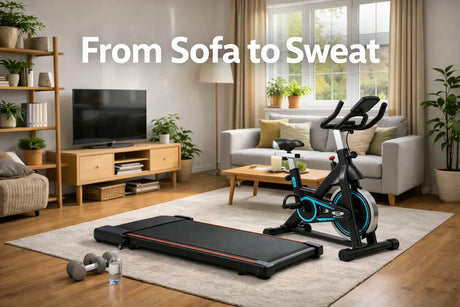 UK living room transformed into a small home gym with walking pad and exercise bike