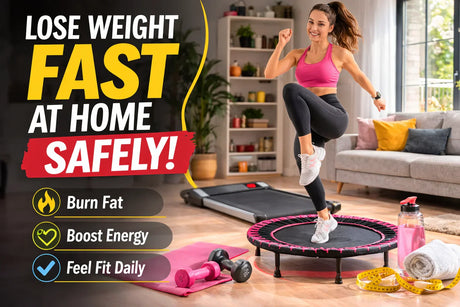 UK woman doing home cardio on mini trampoline.