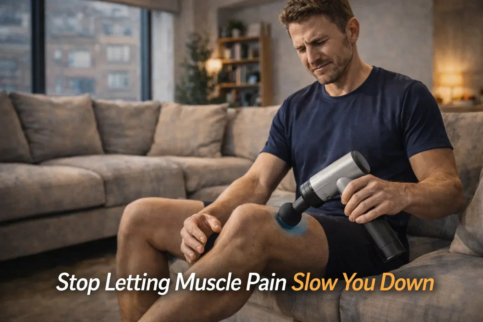 athletic man sitting on sofa using massage gun on leg