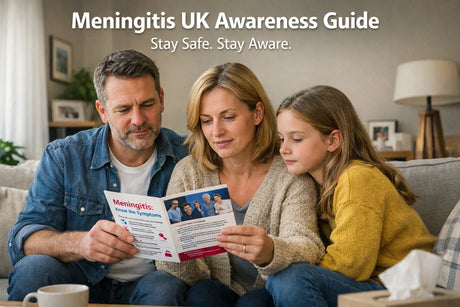 Family reading a Meningitis UK Awareness Guide with health information concept on a couch.