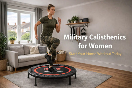 UK woman performing military calisthenics at home using mini trampoline in modern flat