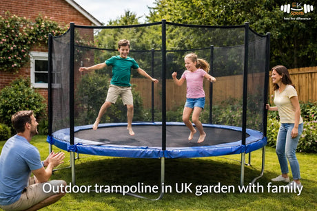 Family using outdoor trampoline in UK garden, safe and fun home fitness 2026