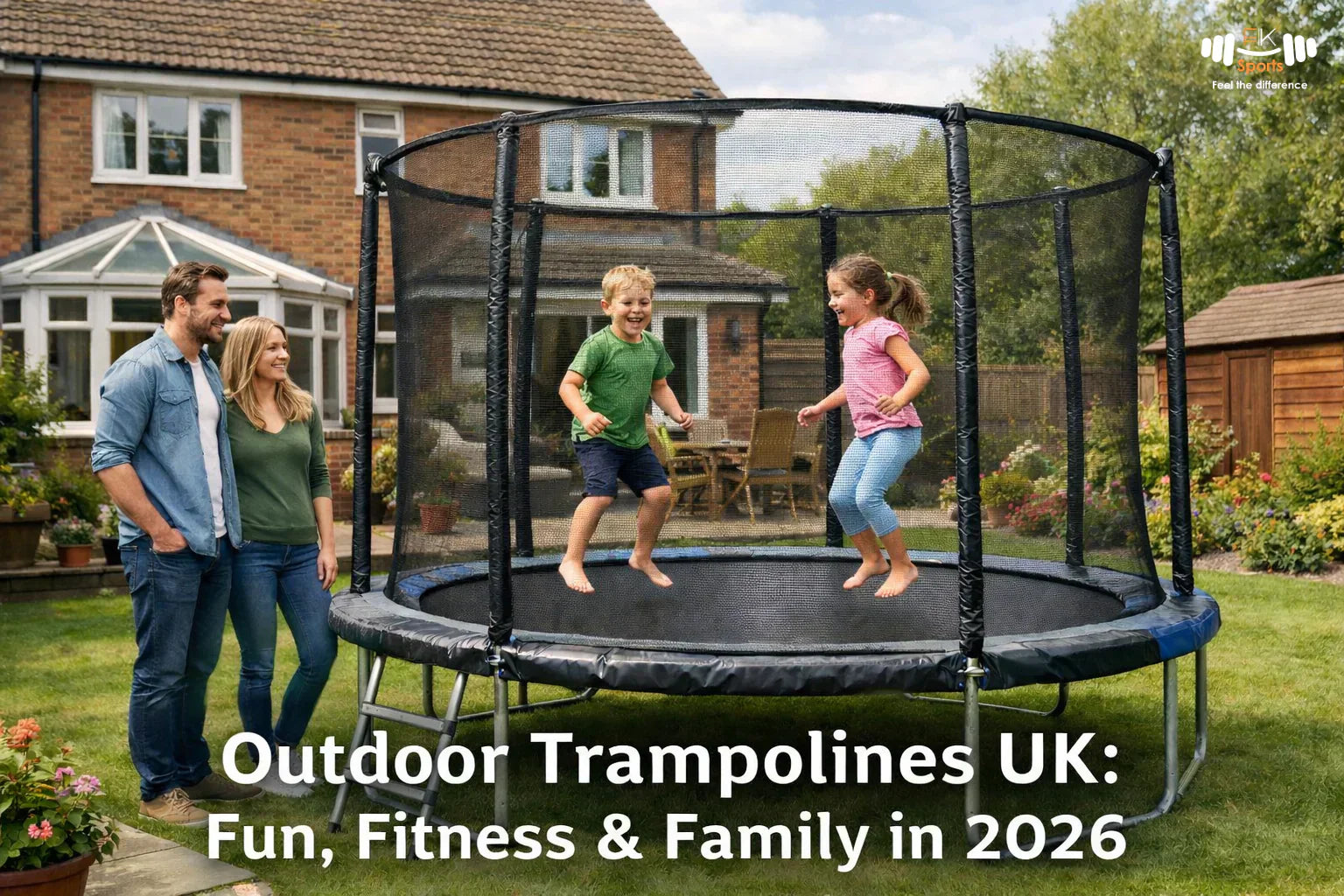 UK family enjoying outdoor trampoline in garden, safe fun for kids and adults 2026