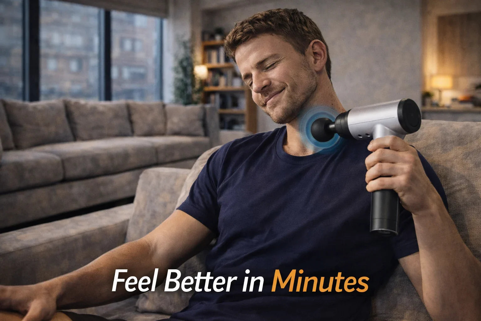 Young adult in UK home using massage gun for muscle recovery