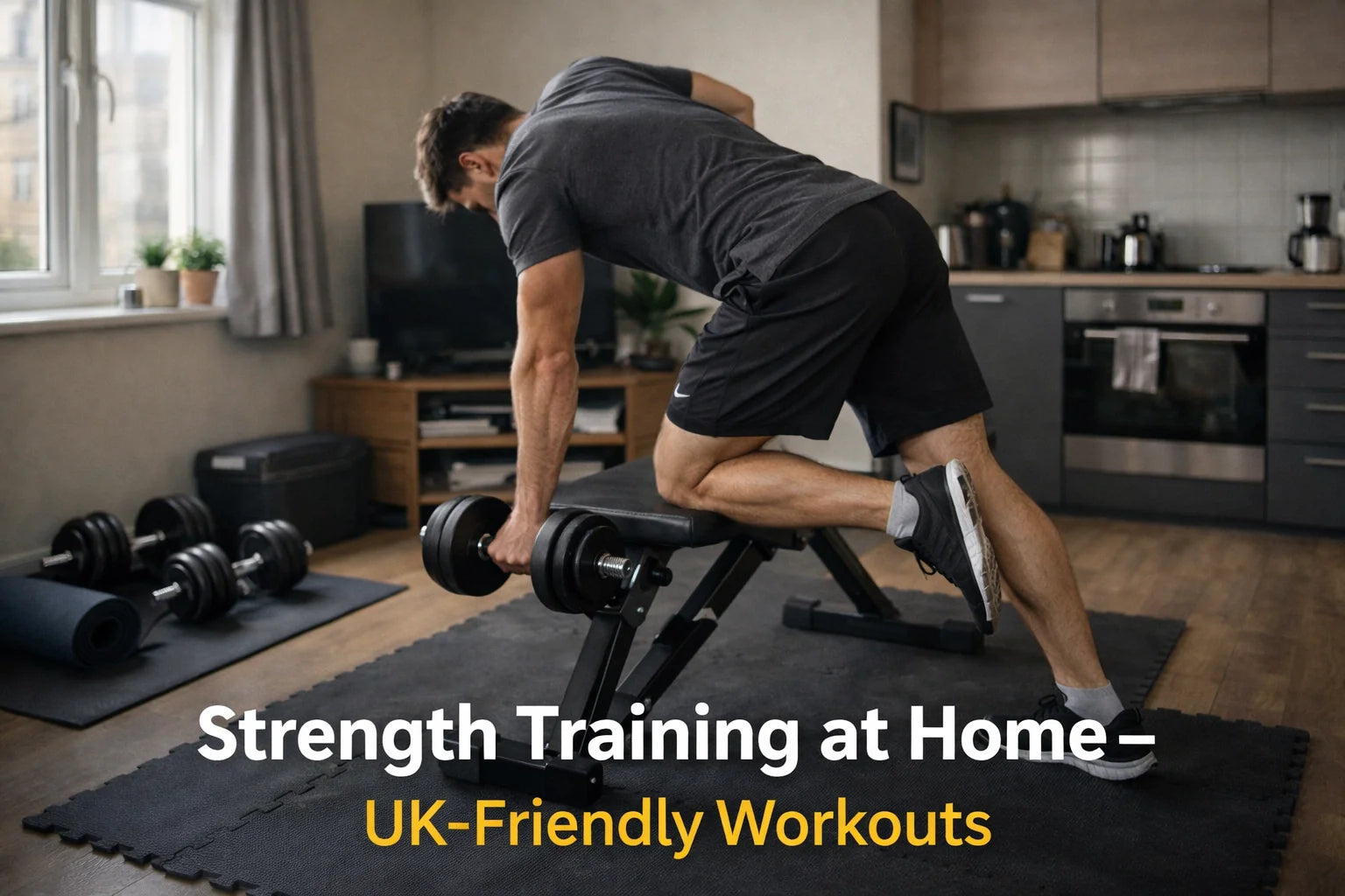 Person performing dumbbell rows on a foldable weight bench in a UK flat, compact home gym with adjustable dumbbells and EVA foam mats – strength training at home UK.