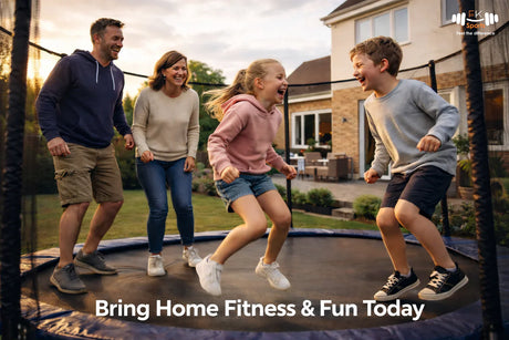 Family doing trampoline exercises in UK backyard for fitness and fun