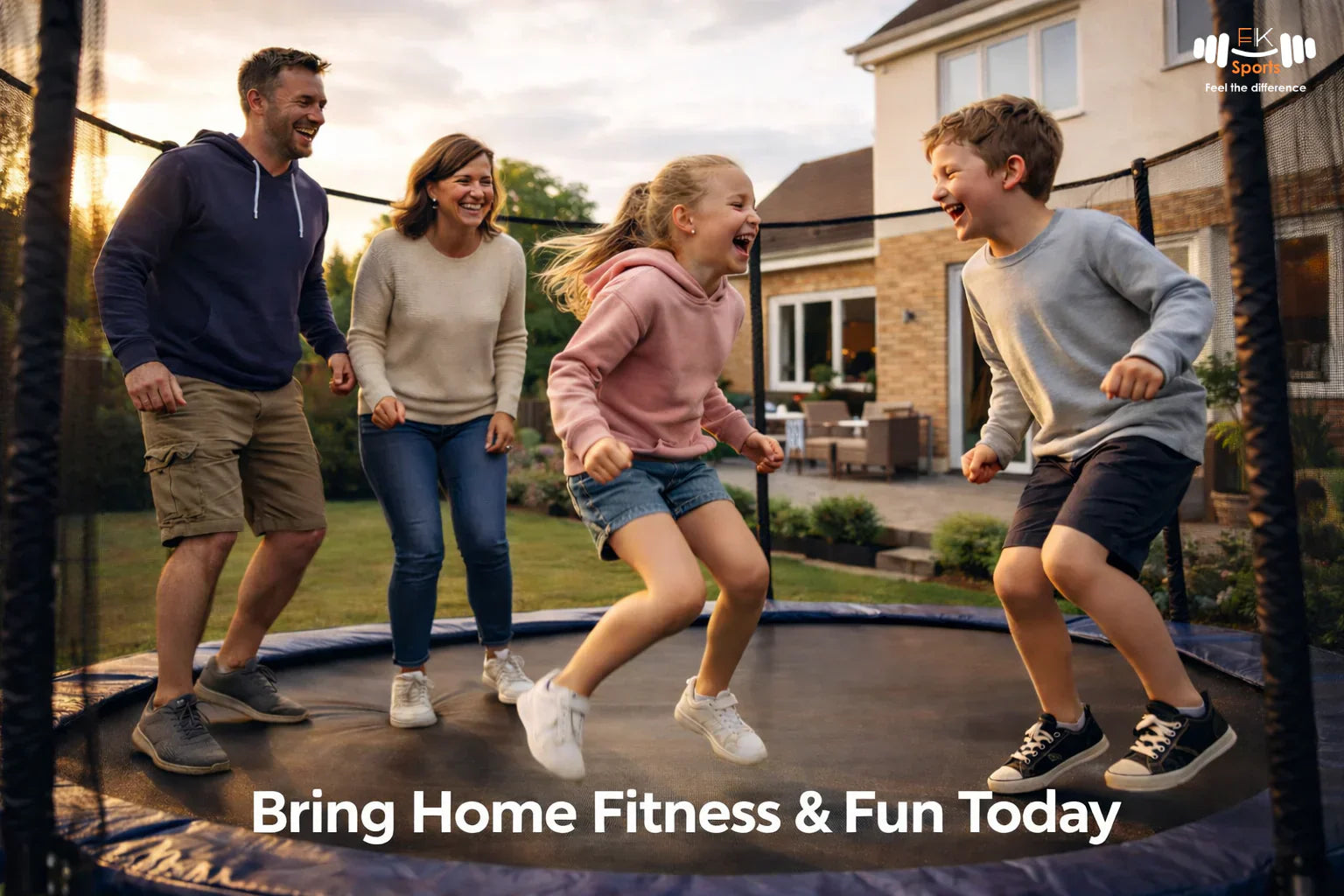 Family doing trampoline exercises in UK backyard for fitness and fun