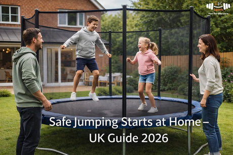 Outdoor trampoline safety setup with safety net in a UK family garden