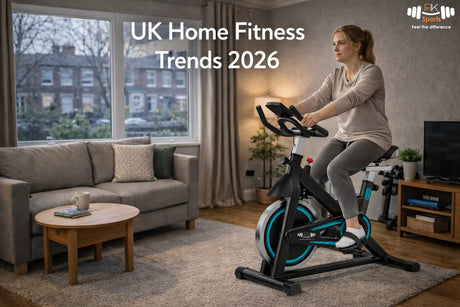 UK home fitness trends 2026 with exercise bike in modern apartment