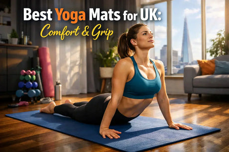 UK woman practicing yoga on a non-slip yoga mat at home workout for beginners