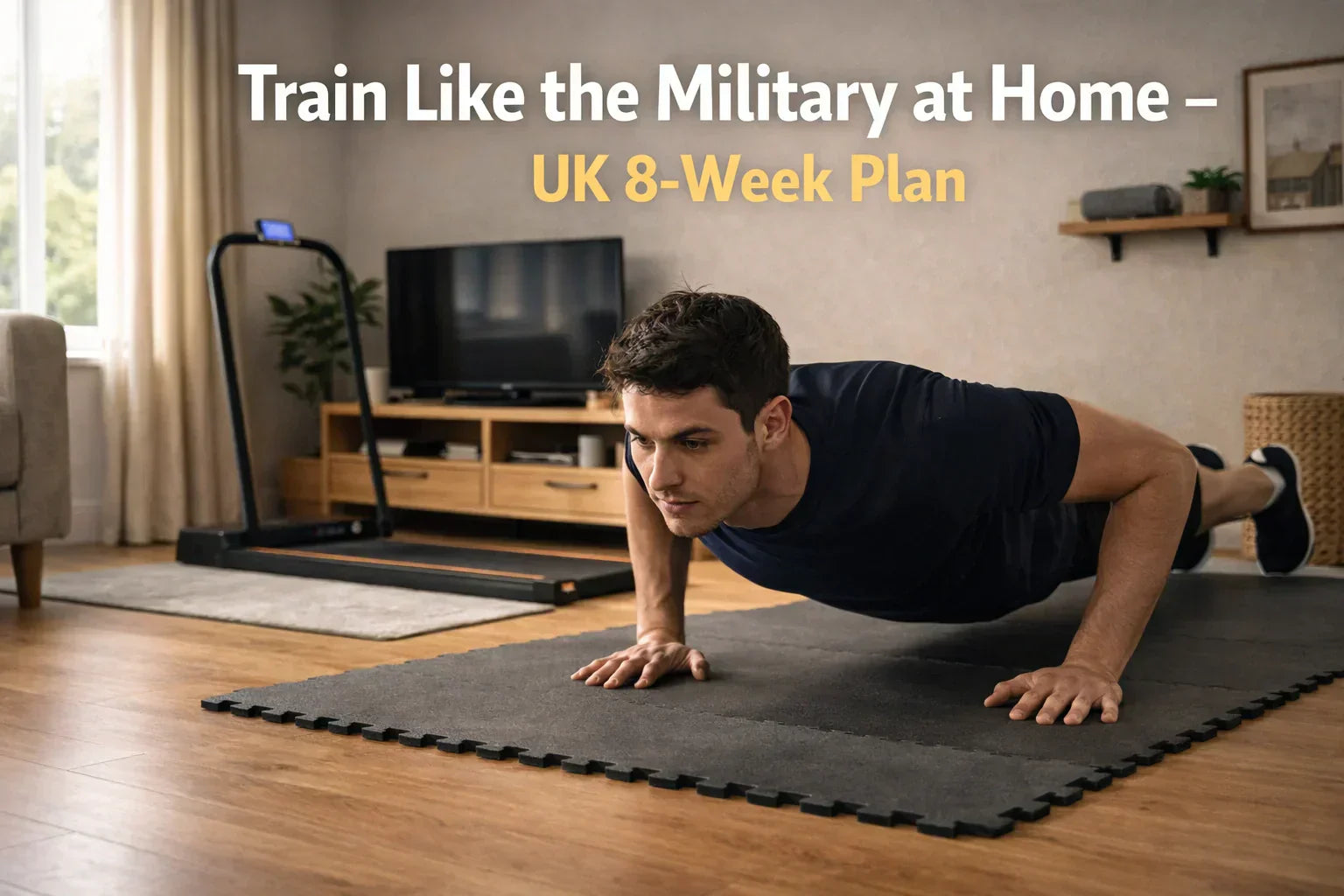 UK home military calisthenics workout with mini treadmill and EVA mat