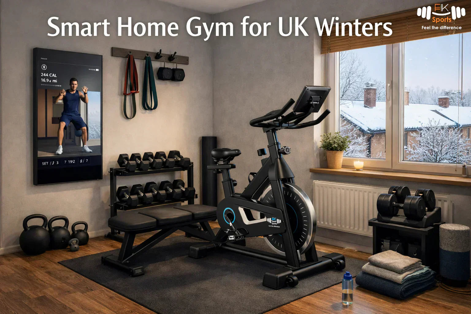 Small UK flat home gym setup in winter 2026 with compact exercise equipment