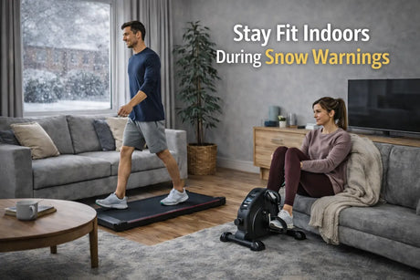 UK home workout with treadmill and mini exercise bike during snow