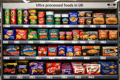 UK supermarket shelf showing ultra processed foods for fitness