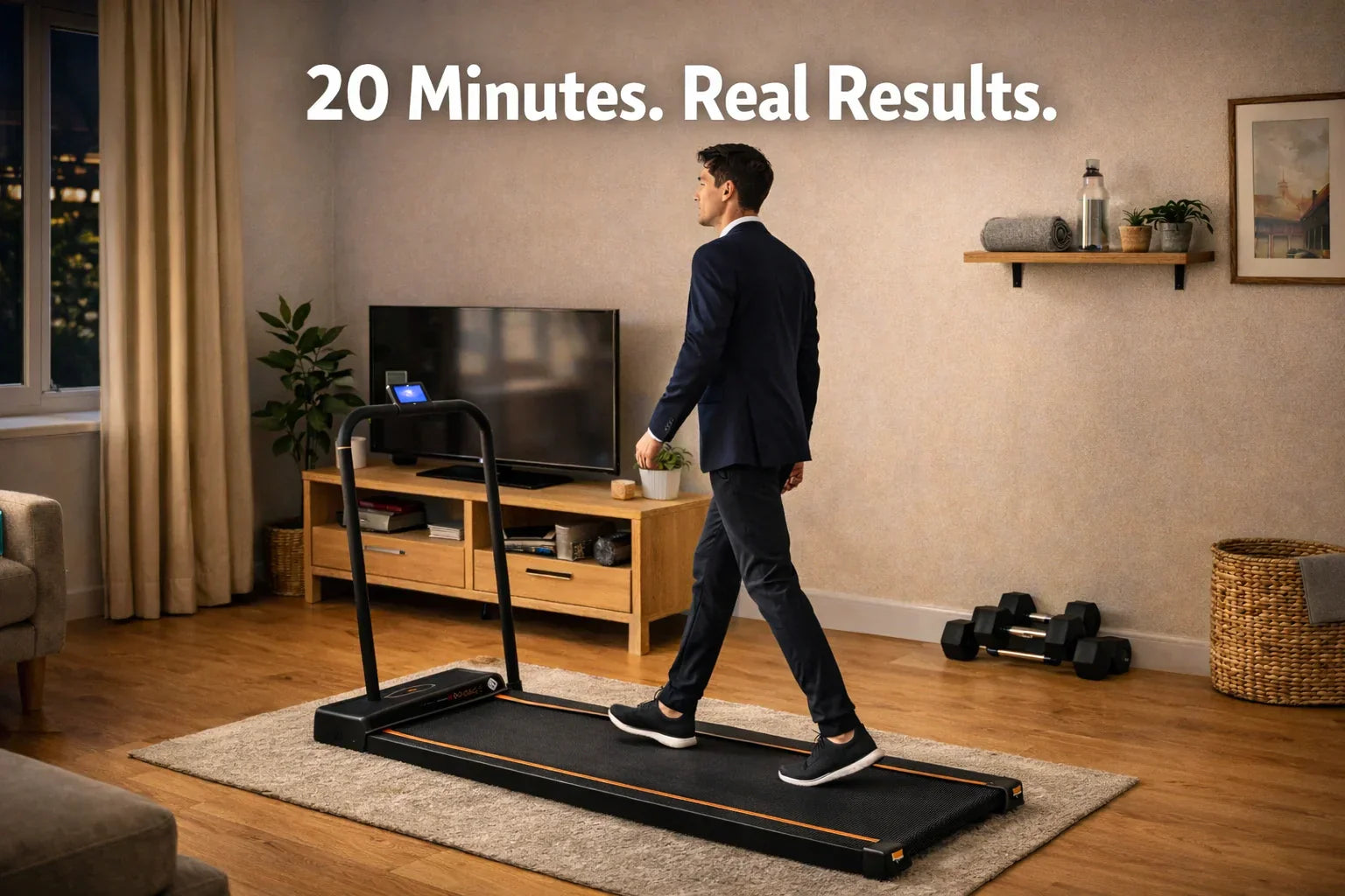 Busy UK professional using walking pad at home in small flat