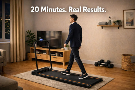 Busy UK professional using walking pad at home in small flat