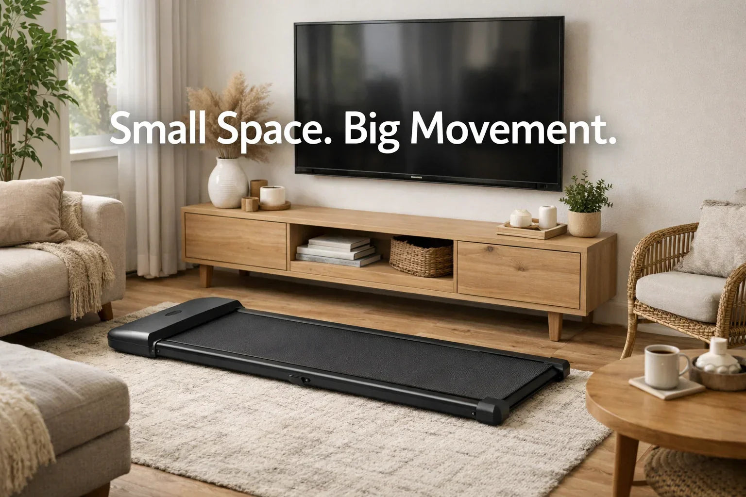 Walking pad in small UK living room for indoor fitness