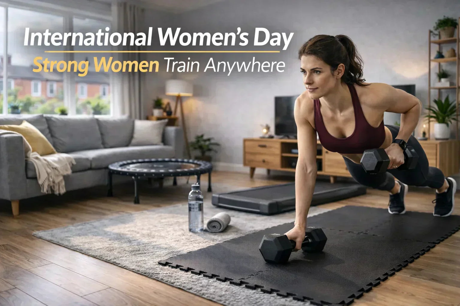 UK woman doing home workout for International Women's Day fitness routine