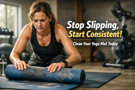 UK woman rolling up yoga mat before cleaning, home workout hygiene