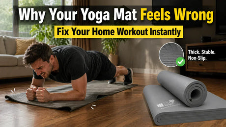 Man struggling with slipping yoga mat in UK home workout setup on wooden floor with text about yoga mat quality and a rolled-up yoga mat. 