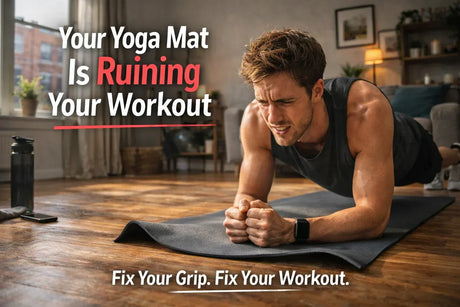Man struggling on slipping yoga mat UK home workout
