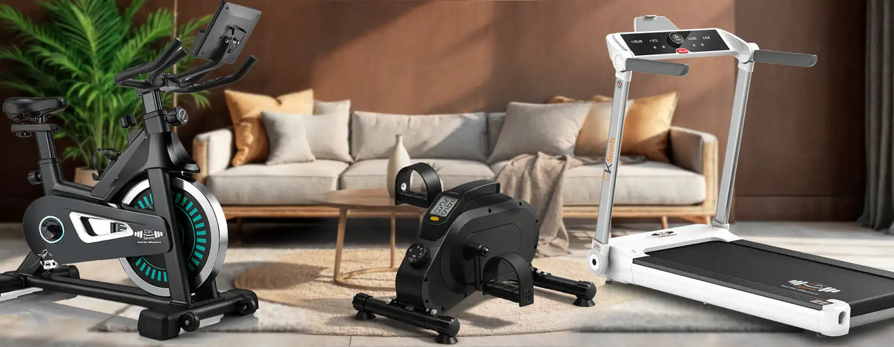 Premium FK Sports cardio equipment in a modern UK home gym. Treadmill, exercise bike and walking pad used by adults, showcasing home fitness and effective cardio workouts.