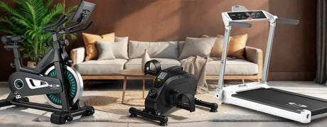 Premium FK Sports cardio equipment in a modern UK home gym. Treadmill, exercise bike and walking pad used by adults, showcasing home fitness and effective cardio workouts.