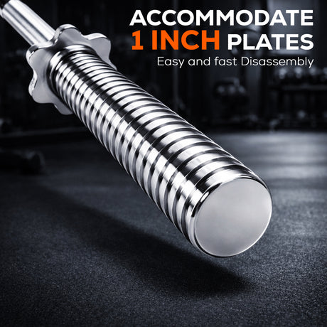 Barbell with 1-inch plates on a dark surface, text indicating compatibility with 1-inch plates.