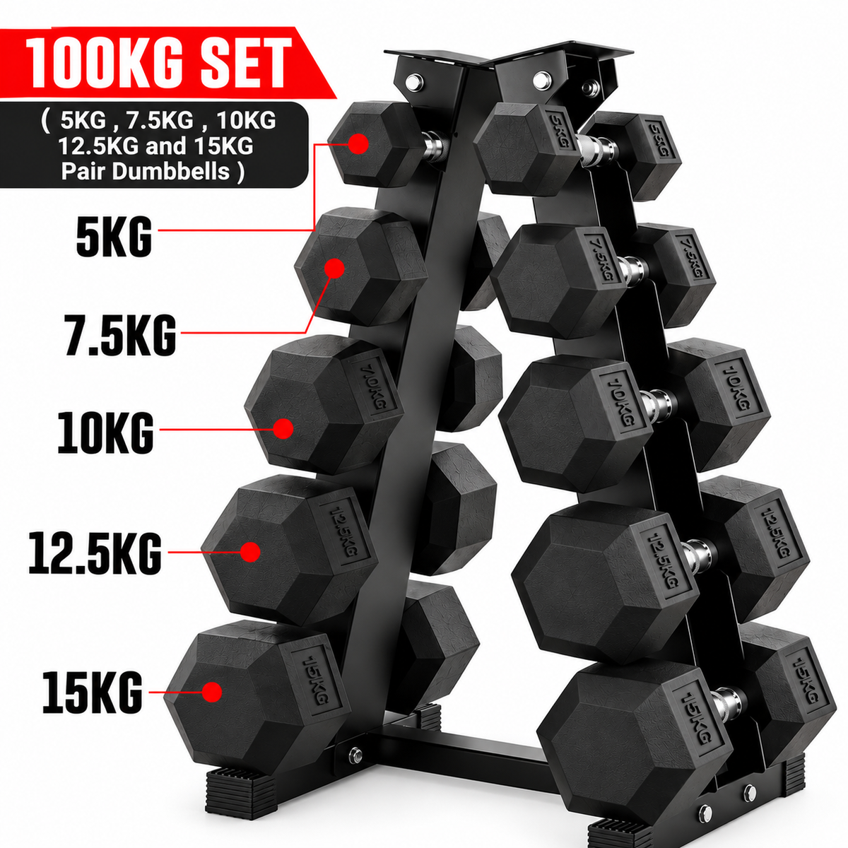 Hex Dumbbell Set with 5 Tier Rack | 2.5kg–20kg Weight Options