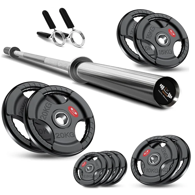 Tri-Grip Olympic Weight Plate Set with Barbell Bar