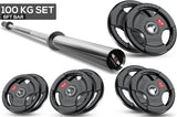 Weightlifting bar and weight plates with '100 KG SET 6FT BAR' text on a white background