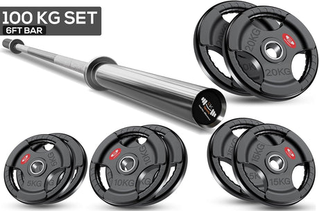 Weightlifting bar and weight plates with '100 KG SET 6FT BAR' text on a white background