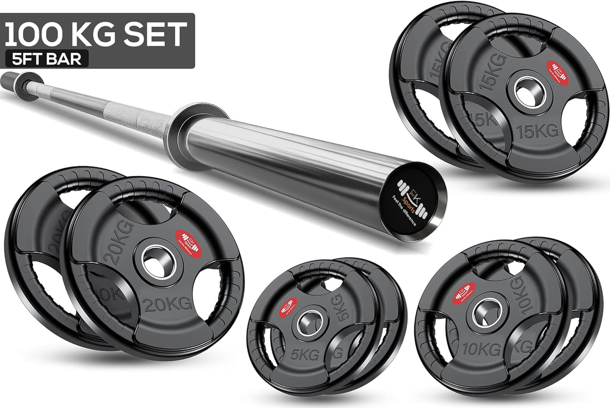 5ft Barbell set with 100kg weight plates on a white background