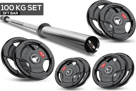 5ft Barbell set with 100kg weight plates on a white background