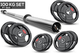 Gym 7ft barbell with 100kg weight plates on a white background