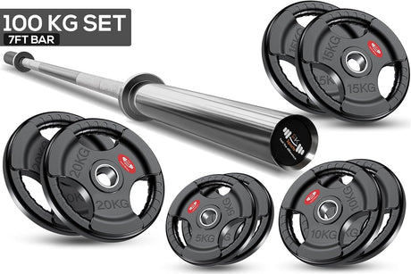Gym 7ft barbell with 100kg weight plates on a white background