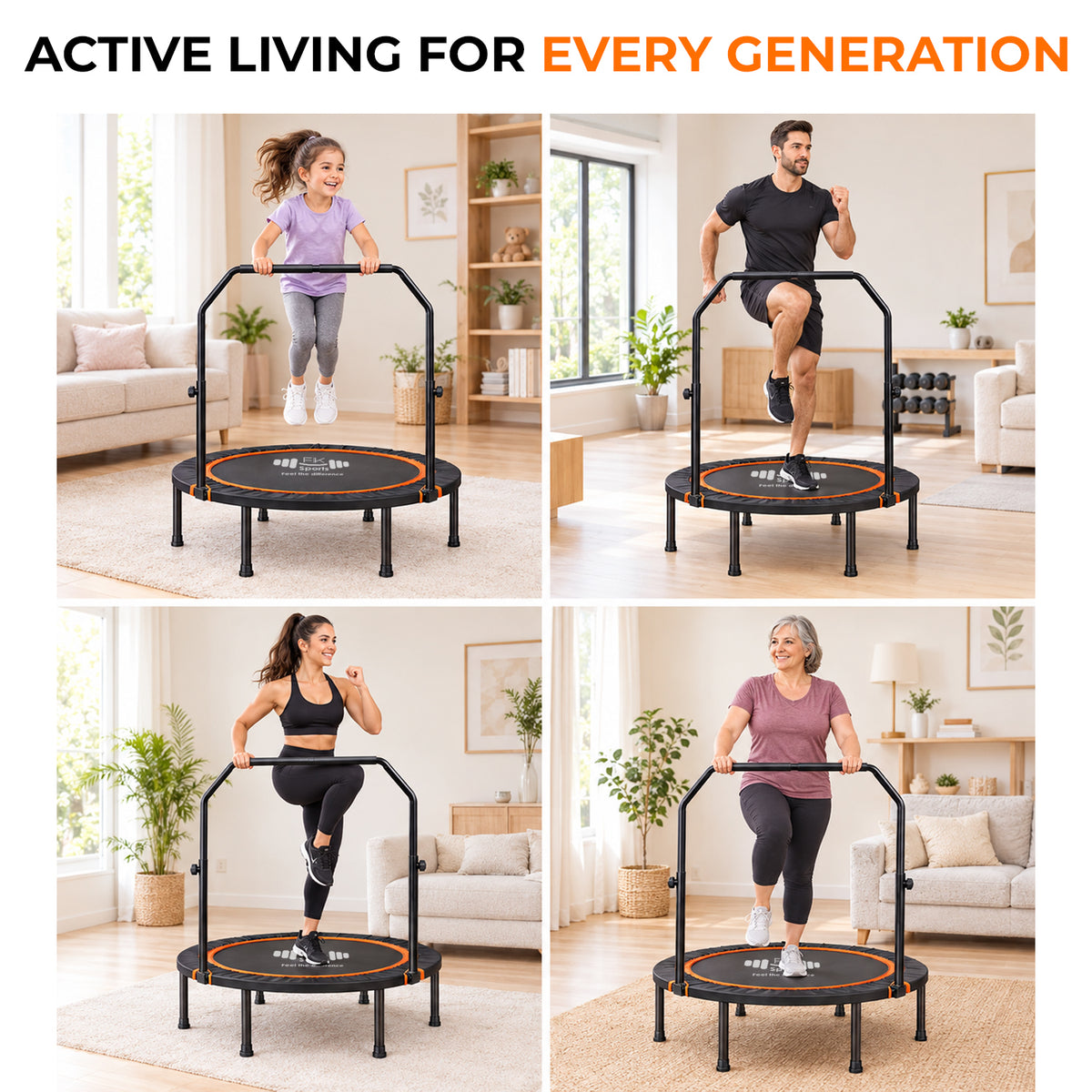 Foldable Mini Trampoline Rebounder 40” & 48” with U Bar Handle | FK Sports UK