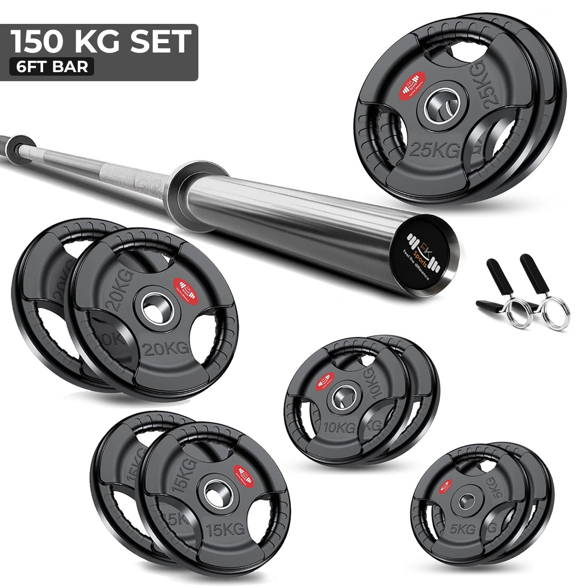 Tri-Grip Olympic Weight Plate & Barbell Set – 65kg–150kg