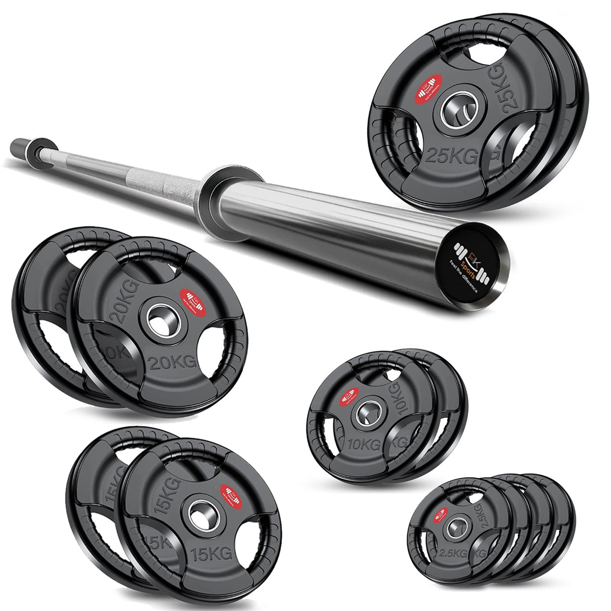 Tri-Grip Olympic Weight Plate Set with Barbell Bar