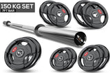 Weightlifting 7ft bar and 150kg weight plates set on a white background