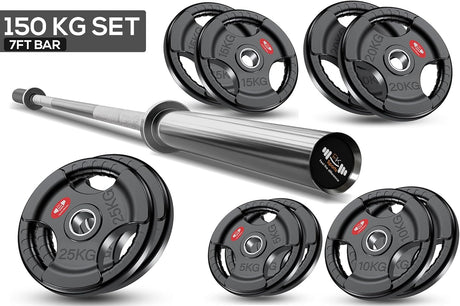 Weightlifting 7ft bar and 150kg weight plates set on a white background