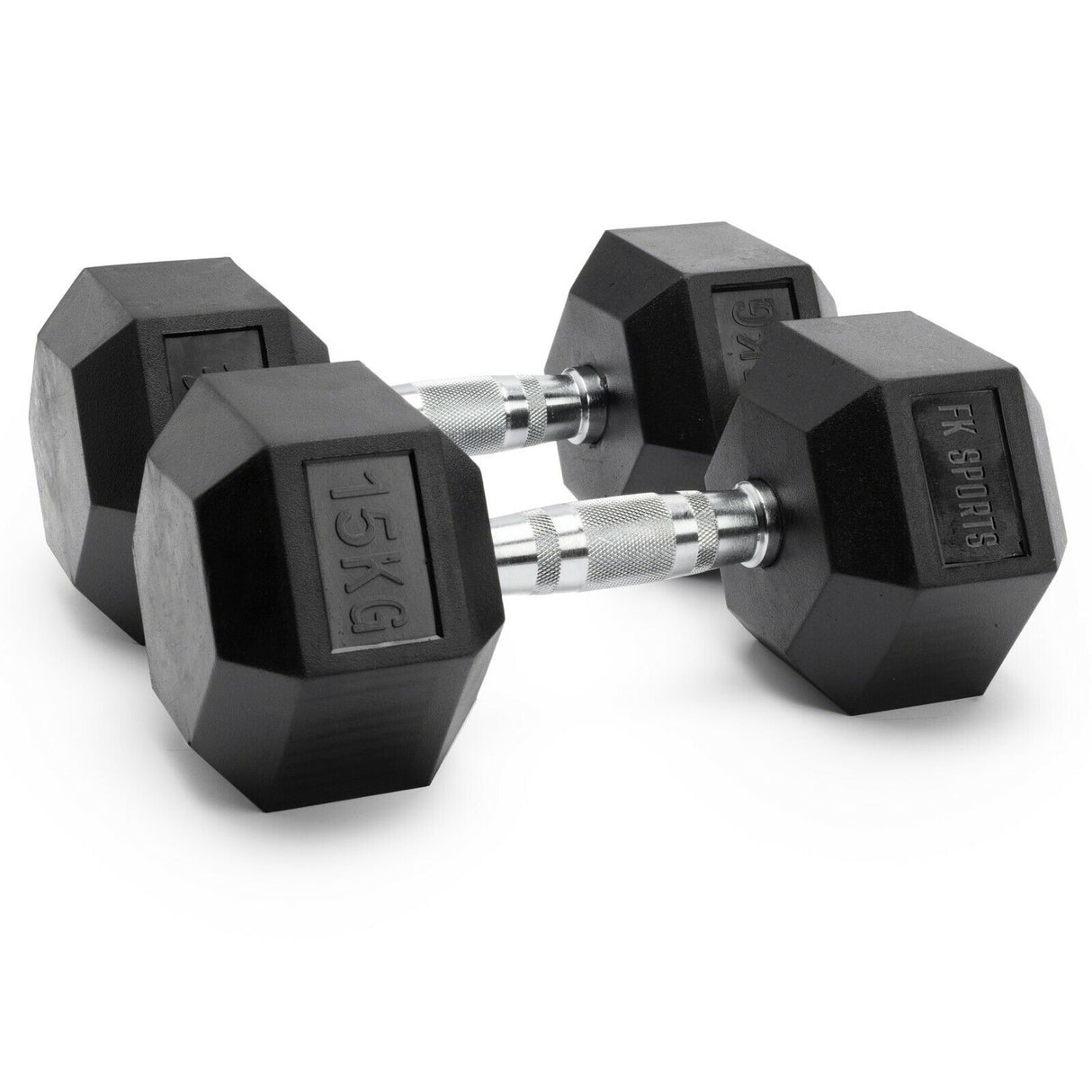 Pair of black hexagonal dumbbells with '15KG' marking on a white background
