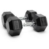 Pair of black hexagonal dumbbells with '15KG' marking on a white background