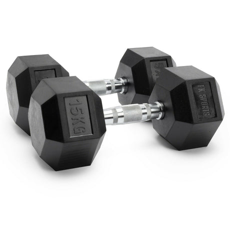 Pair of black hexagonal dumbbells with '15KG' marking on a white background