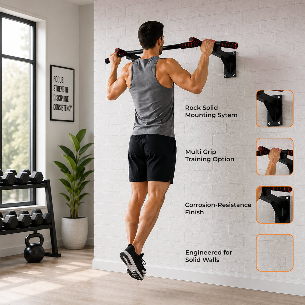 Wall Mounted Pull Chin Up Bar Heavy Duty Dip Station Gym Home Exercise Fitness