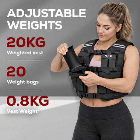 Woman wearing an adjustable weighted vest with text detailing weight capacity and features.