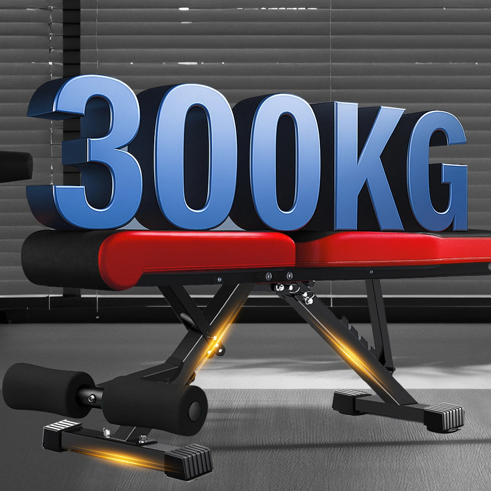 Red adjustable weight bench with '300KG' displayed above it on a blurred gym background